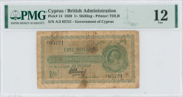CYPRUS: 1 Shilling (1.3.1920) in dark green. Portrait of King George V at right on face. S/N: "A/2 05721". Printed by TDLR. Inside holder by PMG "Fine...