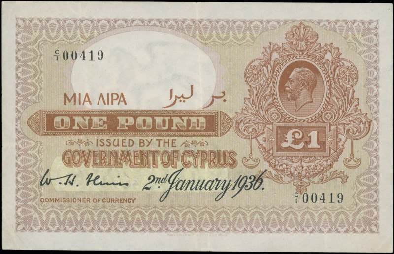 CYPRUS: 1 Pound (2.1.1936) in gray-violet and brown. Portrait of King George V a...
