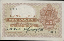 CYPRUS: 1 Pound (2.1.1936) in gray-violet and brown. Portrait of King George V at upper right on face. S/N: "C/1 00419". Creases. (Pick 18). Very Fine...