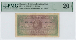 CYPRUS: 1 Shilling (29.5.1940) in brown and green. Portrait of King George VI at center on face. S/N: "C/2 496599". Inside holder by PMG "Very Fine 20...