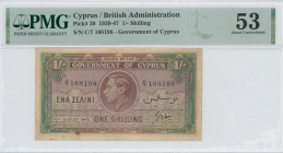 CYPRUS: 1 Shilling (10.8.1945) in brown and green. Portrait of King George VI at center on face. S/N: "C/7 168198". Inside holder by PMG "About Uncirc...