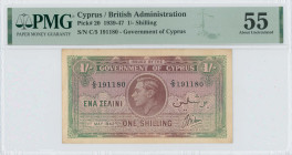CYPRUS: 1 Shilling (1.5.1942) in brown and green. Portrait of King George VI at center on face. S/N: "C/5 191180". Inside holder by PMG "About Uncircu...
