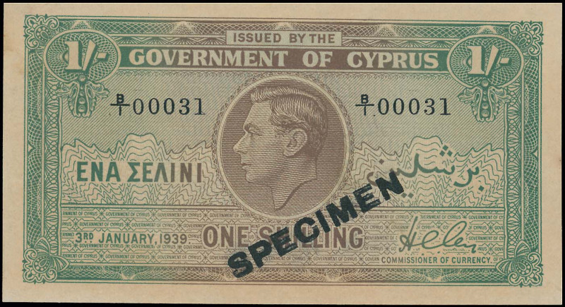 CYPRUS: Specimen of 1 Shilling (3.1.1939) in brown and green. Portrait of King G...