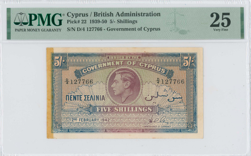 CYPRUS: 5 Shillings (2.2.1942) in brown-violet and blue. Portrait of King George...