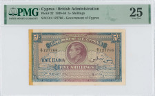 CYPRUS: 5 Shillings (2.2.1942) in brown-violet and blue. Portrait of King George VI at center on face. S/N: "D/4 127766". Inside holder by PMG "Very F...
