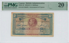 CYPRUS: 5 Shillings (20.10.1945) in brown-violet and blue. Portrait of King George VI at center on face. S/N: "D/9 185079". Inside holder by PMG "Very...