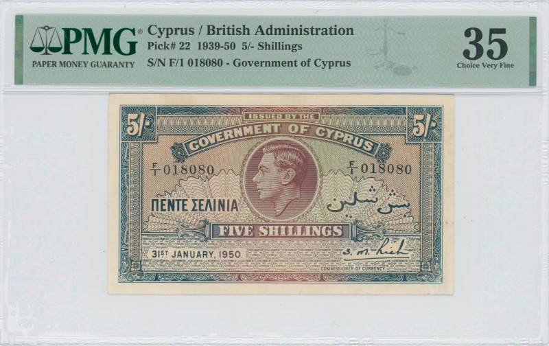 CYPRUS: 5 Shillings (31.1.1950) in brown-violet and blue. Portrait of King Georg...
