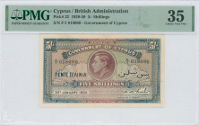 CYPRUS: 5 Shillings (31.1.1950) in brown-violet and blue. Portrait of King George VI at center on face. S/N: "F/1 018080". Inside holder by PMG "Choic...