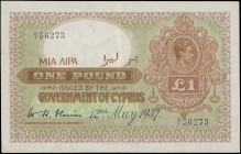 CYPRUS: 1 Pound (12.5.1937) in brown on green unpt. Portrait of King George VI at upper right on face. S/N: "D/1 56273". Printed by TDLR. First date o...