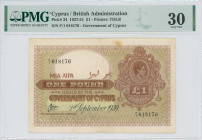 CYPRUS: 1 Pound (1.9.1939) in brown on green unpt. Portrait of King George VI at upper right on face. S/N: "F/1 018176". Printed by TDLR. Inside holde...