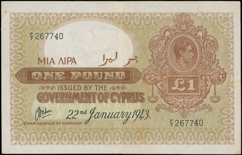 CYPRUS: 1 Pound (22.1.1943) in brown on green unpt. Portrait of King George VI a...