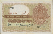 CYPRUS: 1 Pound (22.1.1943) in brown on green unpt. Portrait of King George VI at upper right on face. S/N: "F/7 267740". Printed by TDLR. Creases. (P...
