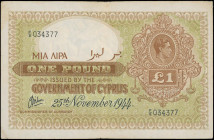 CYPRUS: 1 Pound (25.11.1944) in brown on green unpt. Portrait of King George VI at upper right on face. S/N: "F/8 034377". Printed by TDLR. Creases. (...