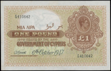 CYPRUS: 1 Pound (6.10.1947) in brown on green unpt. Portrait of King George VI at upper right on face. S/N: "F/10 410642". Printed by TDLR. (Pick 24)....