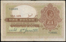 CYPRUS: 1 Pound (15.6.1950) in brown on green unpt. Portrait of King George VI at upper right on face. S/N: "G/1 166451". Printed by TDLR. (Pick 24). ...