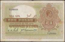 CYPRUS: 1 Pound (30.9.1951) in brown on green unpt. Portrait of King George VI at upper right on face. S/N: "G/5 154444". Printed by TDLR. (Pick 24). ...