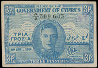 CYPRUS: 3 Piastres (6.4.1944) in blue. Portrait of King George VI at center on face. S/N: "A/2 309643". Creases. (Pick 28a). About Very Fine.