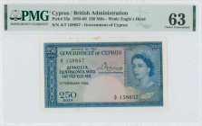 CYPRUS: 250 Mils (1.2.1956) in blue on multicolor unpt. Portrait of Queen Elizabeth II at right on face. S/N: "A/7 158857". WMK: Eagle head. Inside ho...