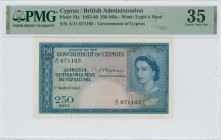 CYPRUS: 250 Mils (1.3.1960) in blue on multicolor unpt. Portrait of Queen Elizabeth II at right on face. S/N: "A/11 071103". WMK: Eagle head. Inside h...