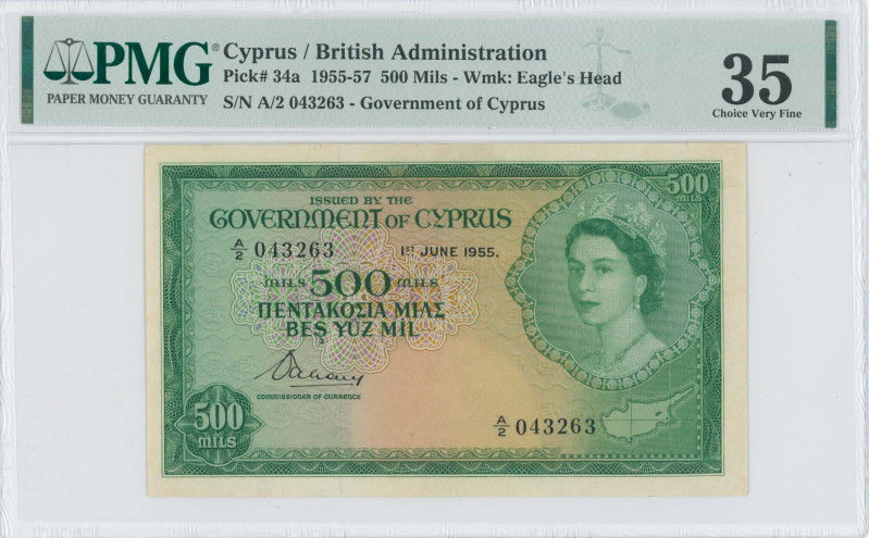 CYPRUS: 500 Mils (1.6.1955) in green on multicolor unpt. Portrait of Queen Eliza...