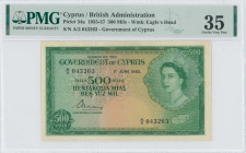 CYPRUS: 500 Mils (1.6.1955) in green on multicolor unpt. Portrait of Queen Elizabeth II at right and Map of Cyprus at lower right on face. S/N: "A/2 0...