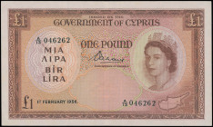CYPRUS: 1 Pound (1.2.1956) in brown on multicolor unpt. Portrait of Queen Elizabeth II at right and map of Cyprus at lower right on face. S/N: "A/13 0...