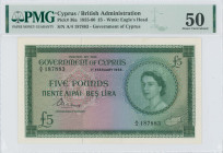 CYPRUS: 5 Pounds (1.2.1956) in green on multicolor unpt. Portrait of Queen Elizabeth II at right and map of Cyprus at lower right on face. S/N: "A/4 1...