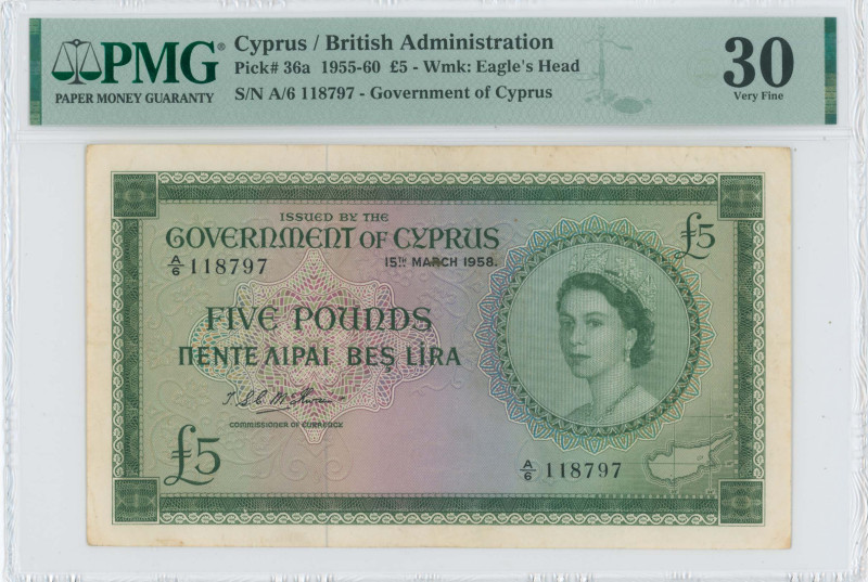 CYPRUS: 5 Pounds (15.3.1958) in green on multicolor unpt. Portrait of Queen Eliz...