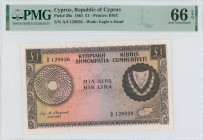 CYPRUS: 1 Pound (1.12.1961) in brown on multicolor. Coat of arms at right and map of Cyprus at lower right on face. S/N: "A/8 128038". WMK: Eagle head...