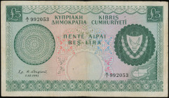 CYPRUS: 5 Pounds (1.12.1961) in dark green on multicolor unpt. Coat of arms at right and map of Cyprus at lower right on face. S/N: "A/1 992053". WMK:...