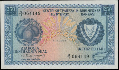 CYPRUS: 250 Mils (1.12.1964) in blue on multicolor unpt. Fruits at left and coat of arms at right on face. S/N: "B/11 064149". WMK: Eagle head. Printe...