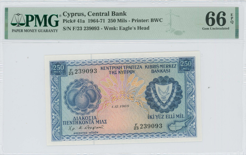 CYPRUS: 250 Mils (1.12.1969) in blue on multicolor unpt. Fruit at left and coat ...