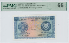 CYPRUS: 250 Mils (1.12.1969) in blue on multicolor unpt. Fruit at left and coat of arms at right on face. S/N: "F/23 239093". WMK: Eagle head. Printed...