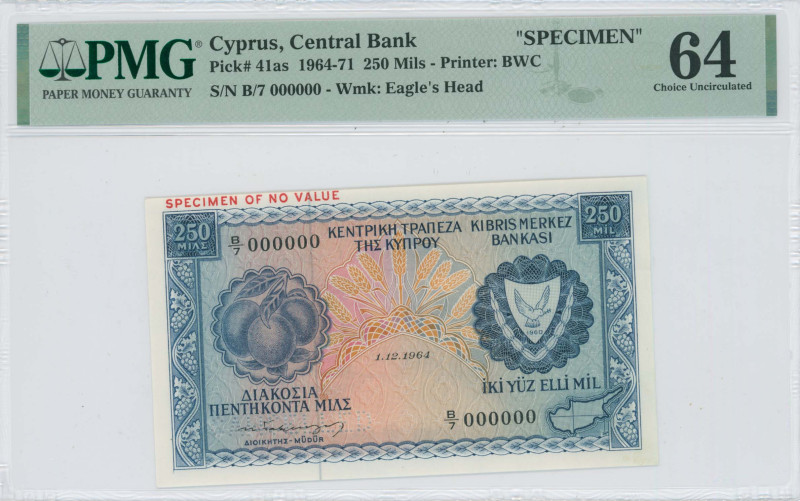 CYPRUS: Specimen of 250 Mils (1.12.1964) in blue on multicolor unpt. Fruit at le...