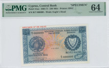 CYPRUS: Specimen of 250 Mils (1.12.1964) in blue on multicolor unpt. Fruit at left and coat of arms at right on face. S/N: "B/7 000000". Red ovpt "SPE...