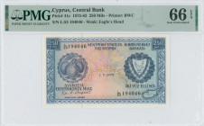 CYPRUS: 250 Mils (1.7.1975) in blue on multicolor unpt. Fruit at left and arms at right on face. S/N: "L/53 194046". WMK: Eagle head. Printed by (BWC)...