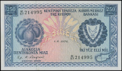 CYPRUS: 250 Mils (1.8.1976) in blue on multicolor unpt. Fruit at left and coat of Arms at right on face. S/N: "M/57 214995". WMK: Eagle head. Printed ...