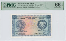 CYPRUS: 250 Mils (1.6.1979) in blue on multicolor unpt. Fruit at left and coat of arms at right on face. S/N: "O/62 130401". WMK: Eagle head. Printed ...