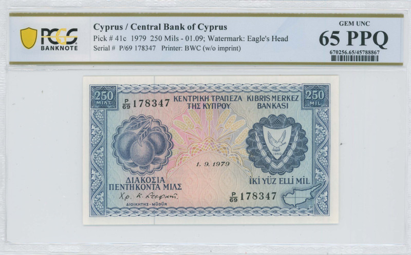CYPRUS: 250 Mils (1.9.1979) in blue on multicolor unpt. Fruit at left and coat o...