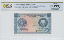 CYPRUS: 250 Mils (1.9.1979) in blue on multicolor unpt. Fruit at left and coat of arms at right on face. S/N: "P/69 178347". WMK: Eagle head. Printed ...