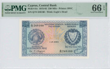 CYPRUS: 250 Mils (1.12.1980) in blue on multicolor unpt. Fruit at left and coat of arms at right on face. S/N: "Q/74 248160". WMK: Eagle head. Printed...