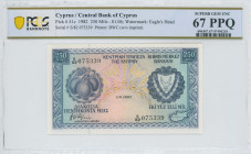 CYPRUS: 250 Mils (1.6.1982) in blue on multicolor unpt. Fruit at left and coat of arms at right on face. S/N: "S/82 075339". WMK: Eagle head. Printed ...