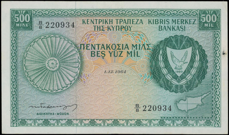 CYPRUS: 500 Mils (1.12.1964) in green on multicolor unpt. Coat of arms at right ...