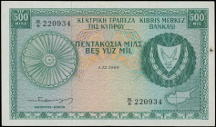 CYPRUS: 500 Mils (1.12.1964) in green on multicolor unpt. Coat of arms at right and map at lower right on face. S/N: "B/8 220934". WMK: Eagle head. Pr...