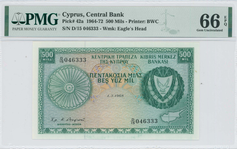 CYPRUS: 500 Mils (1.3.1968) in green on multicolor unpt. Coat of arms at right a...