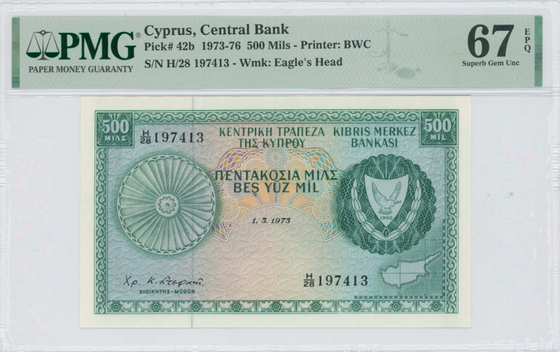 CYPRUS: 500 Mils (1.5.1973) in green on multicolor unpt. Coat of arms at right a...