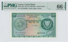 CYPRUS: 500 Mils (1.7.1975) in green on multicolor unpt. Coat of arms at right and map at lower right on face. S/N: "J/35 058498". WMK: Eagle head. Pr...