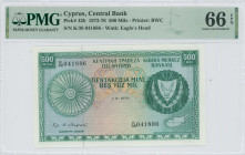 CYPRUS: 500 Mils (1.8.1976) in green on multicolor unpt. Coat of arms at right and map at lower right on face. S/N: "K/38 041886". WMK: Eagle head. Pr...