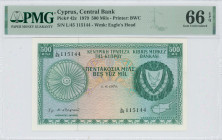 CYPRUS: 500 Mils (1.6.1979) in green on multicolor unpt. Coat of arms at right and map at lower right on face. S/N: "L/45 115144". WMK: Eagle head. Pr...