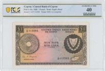 CYPRUS: 1 Pound (1.3.1968) in brown on multicolor unpt. Coat of arms at right and map at lower right on face. S/N: "C/27 113593". WMK: Eagle head. Pri...